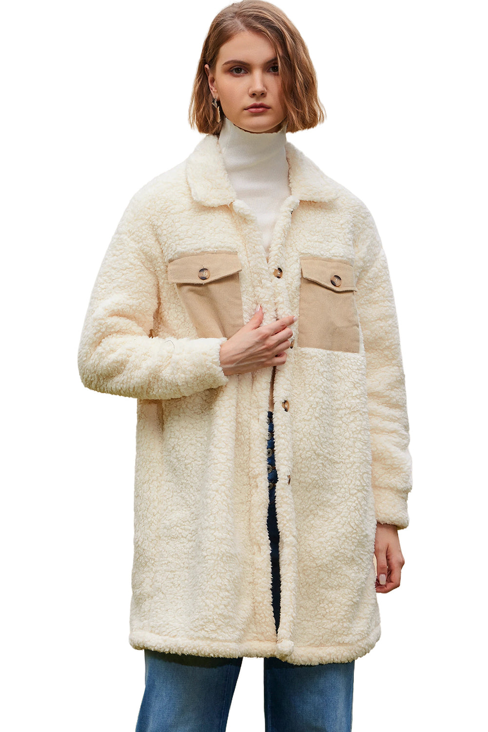 Contrast Flap Pocket Single Breasted Teddy Coat