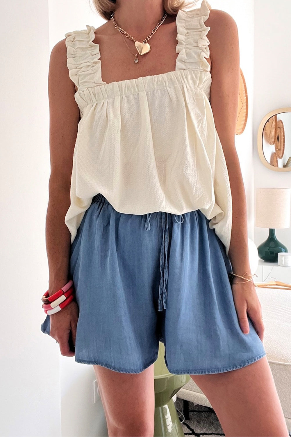 Drawstring Elastic Waist Wide Leg Denim Shorts