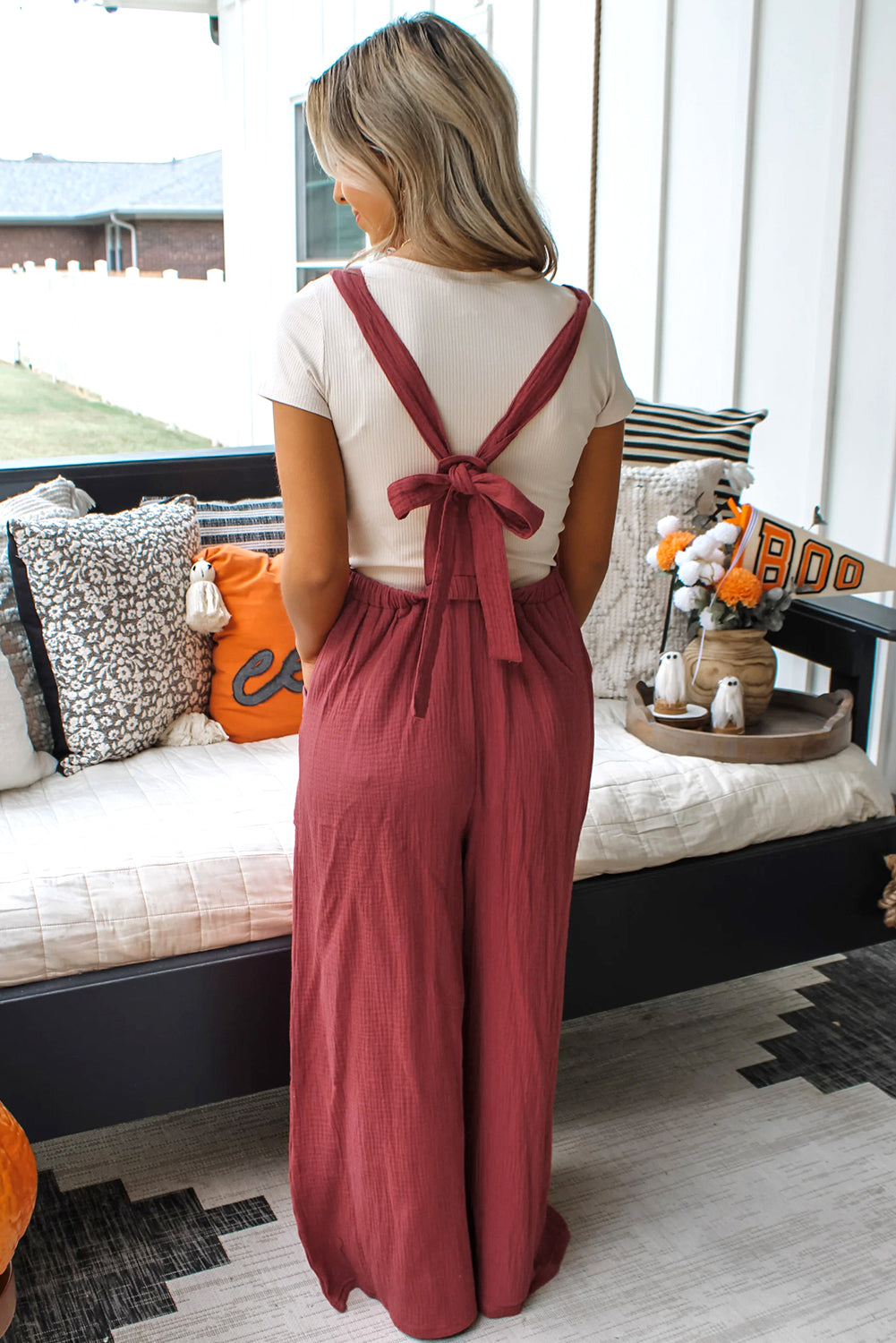 Knotted Back Strap Cotton Bib Jumpsuit