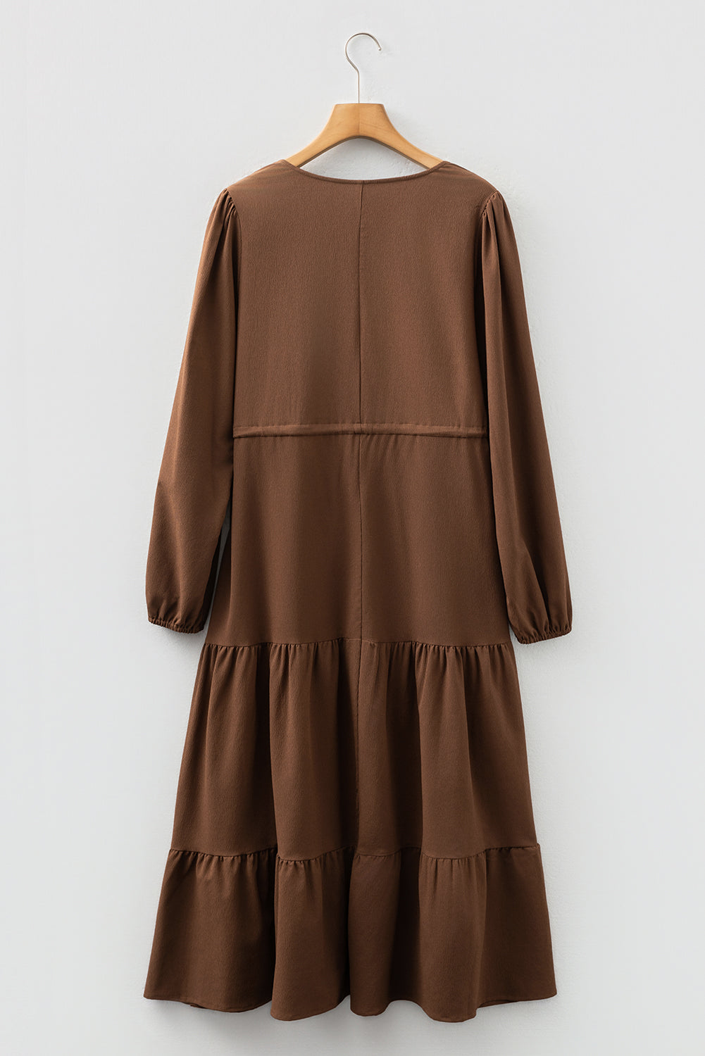 Solid Long Sleeve Button V Neck Tiered Maxi Dress