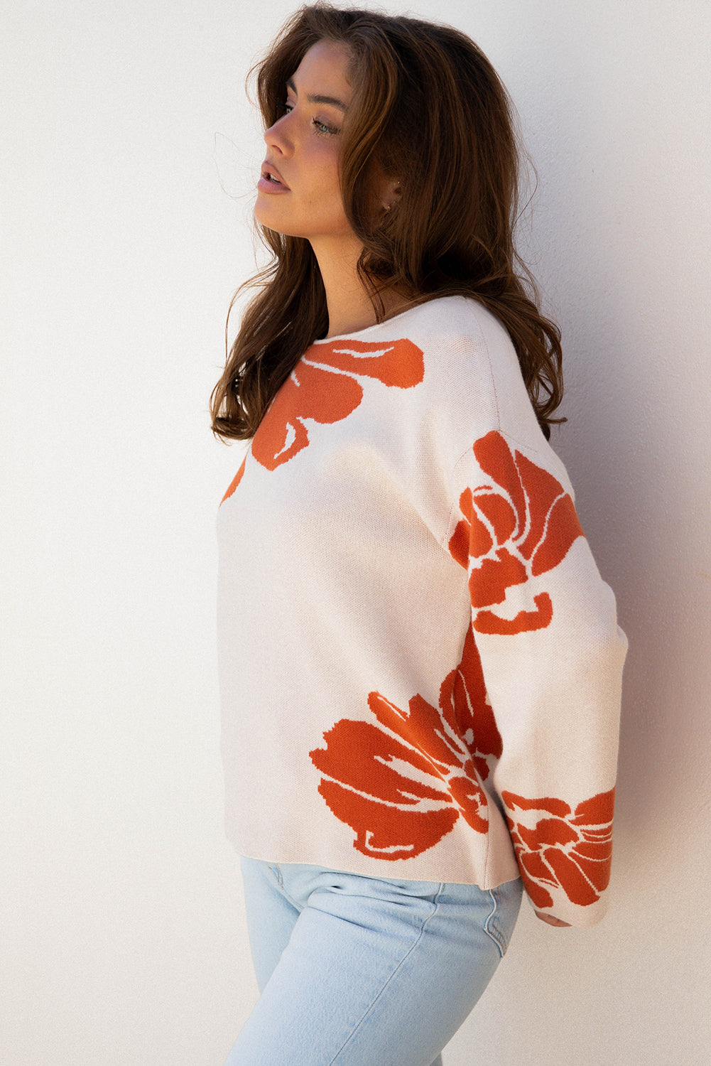Bold Flower Pattern Wide Sleeve Baggy Sweater