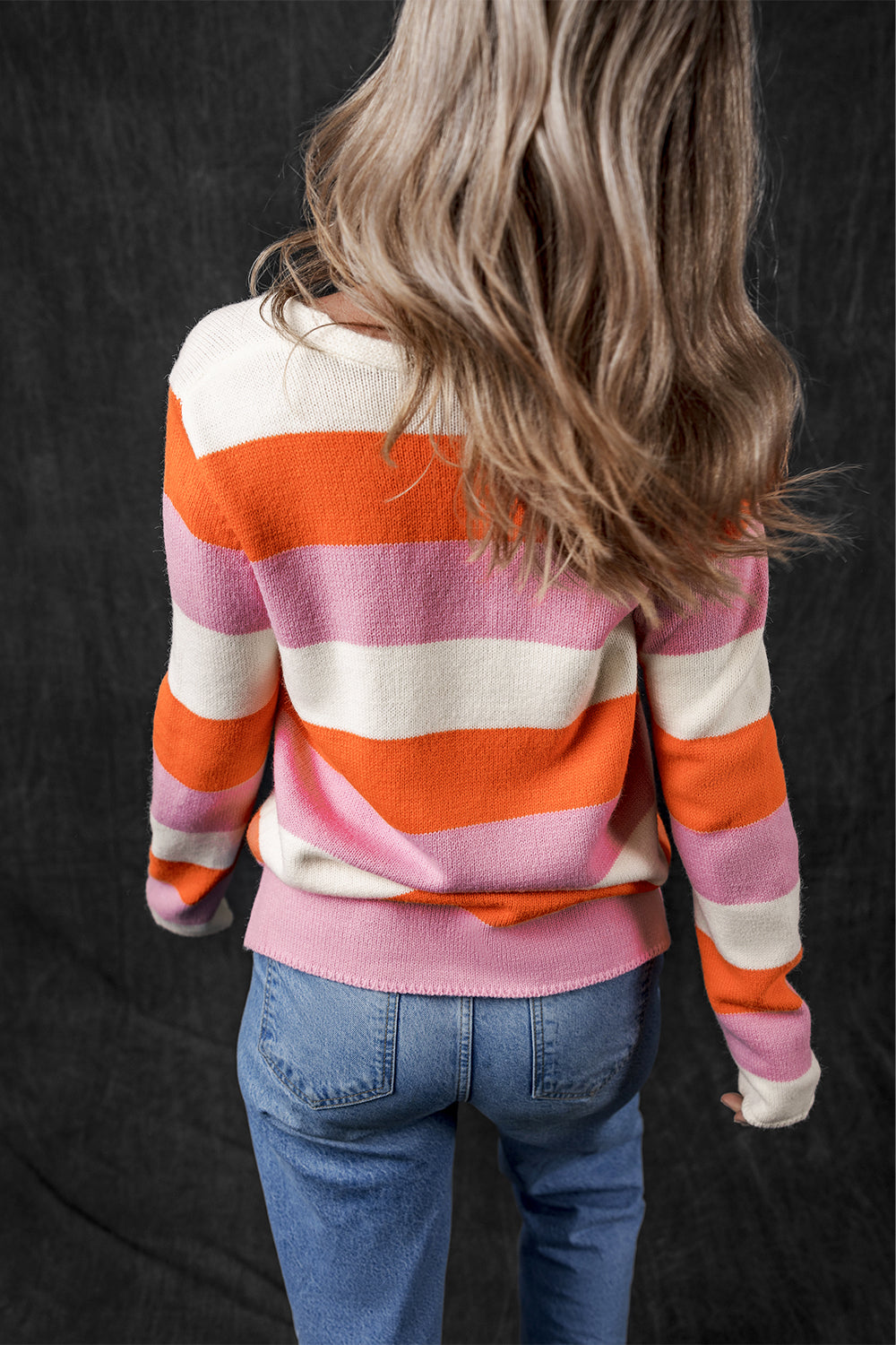 Stripe Colorblock V Neck Casual Sweater