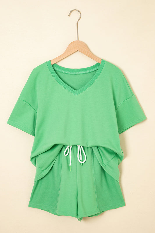 V Neck Drop Shoulder Tee and Patchwork Drawstring Shorts Set