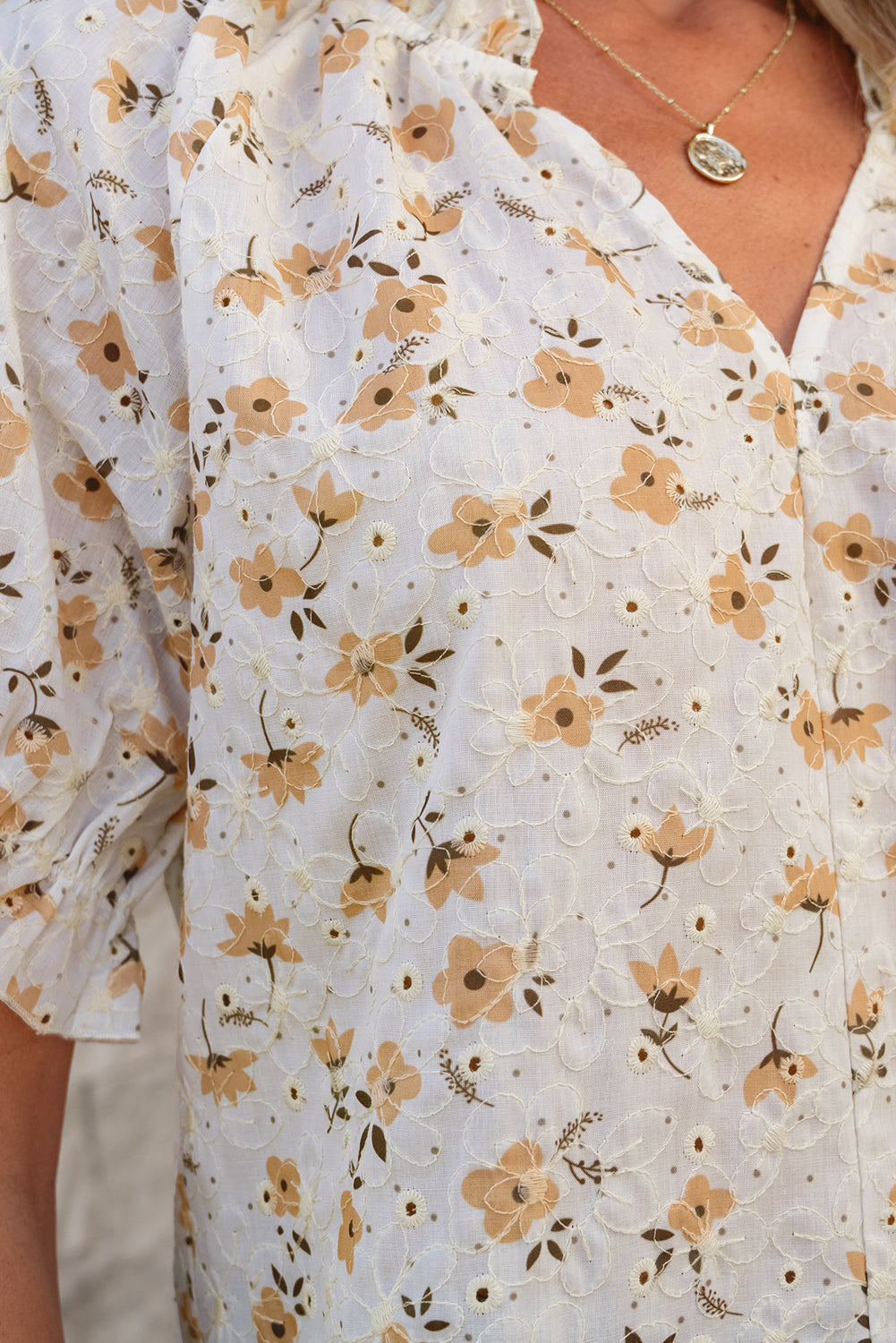 Floral Eyelet Embroidered Puff Sleeve Notch V Neck Blouse