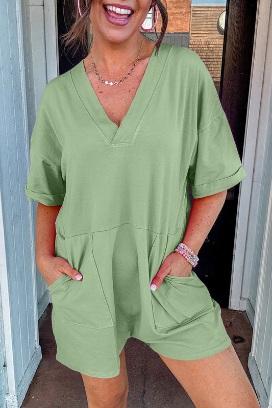 Loose Half Sleeve V Neck Knit Romper