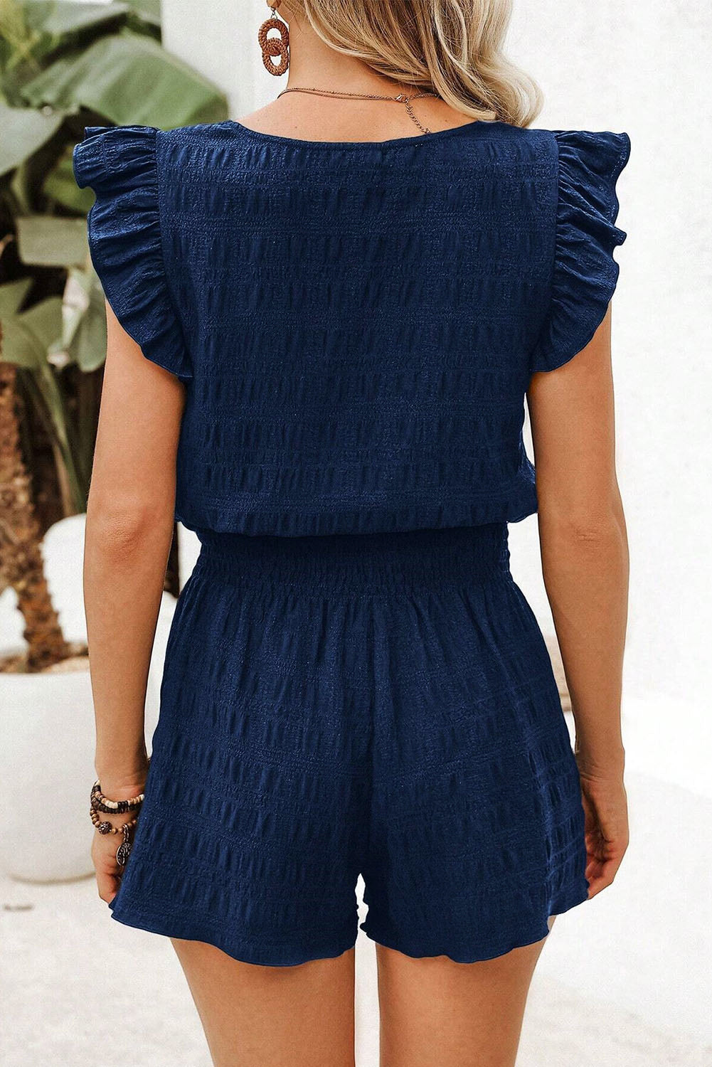 Textured Square Neck Top and Shirred High Waist Shorts Set