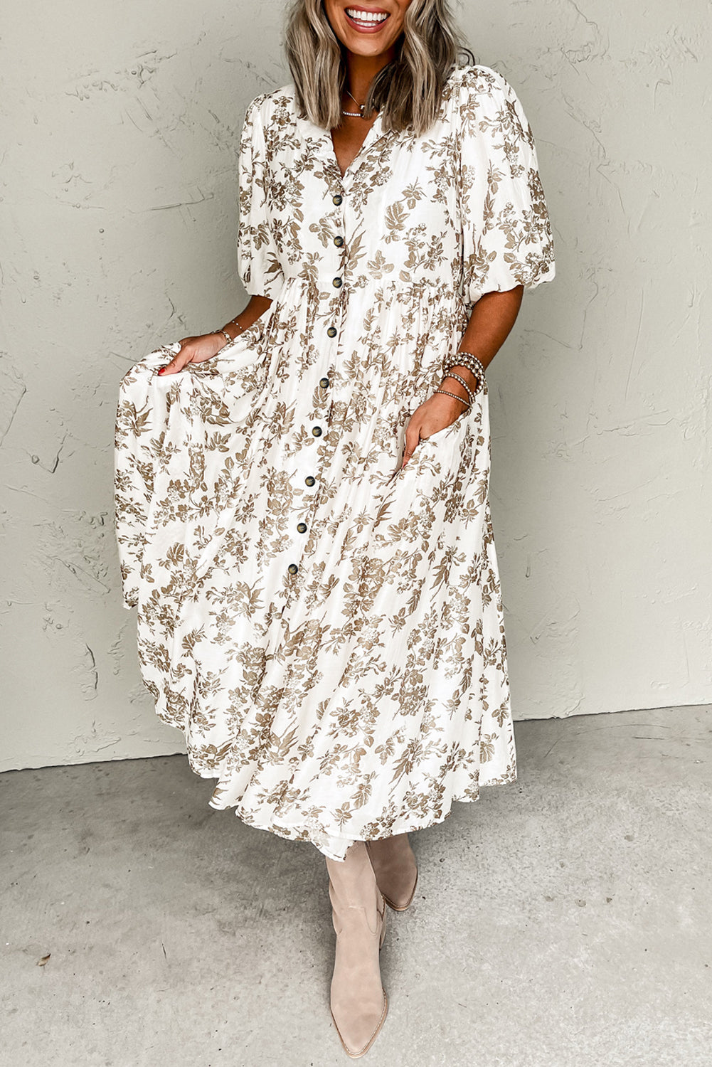 Floral Puff Sleeve V Neck Buttoned Front Maxi Dress