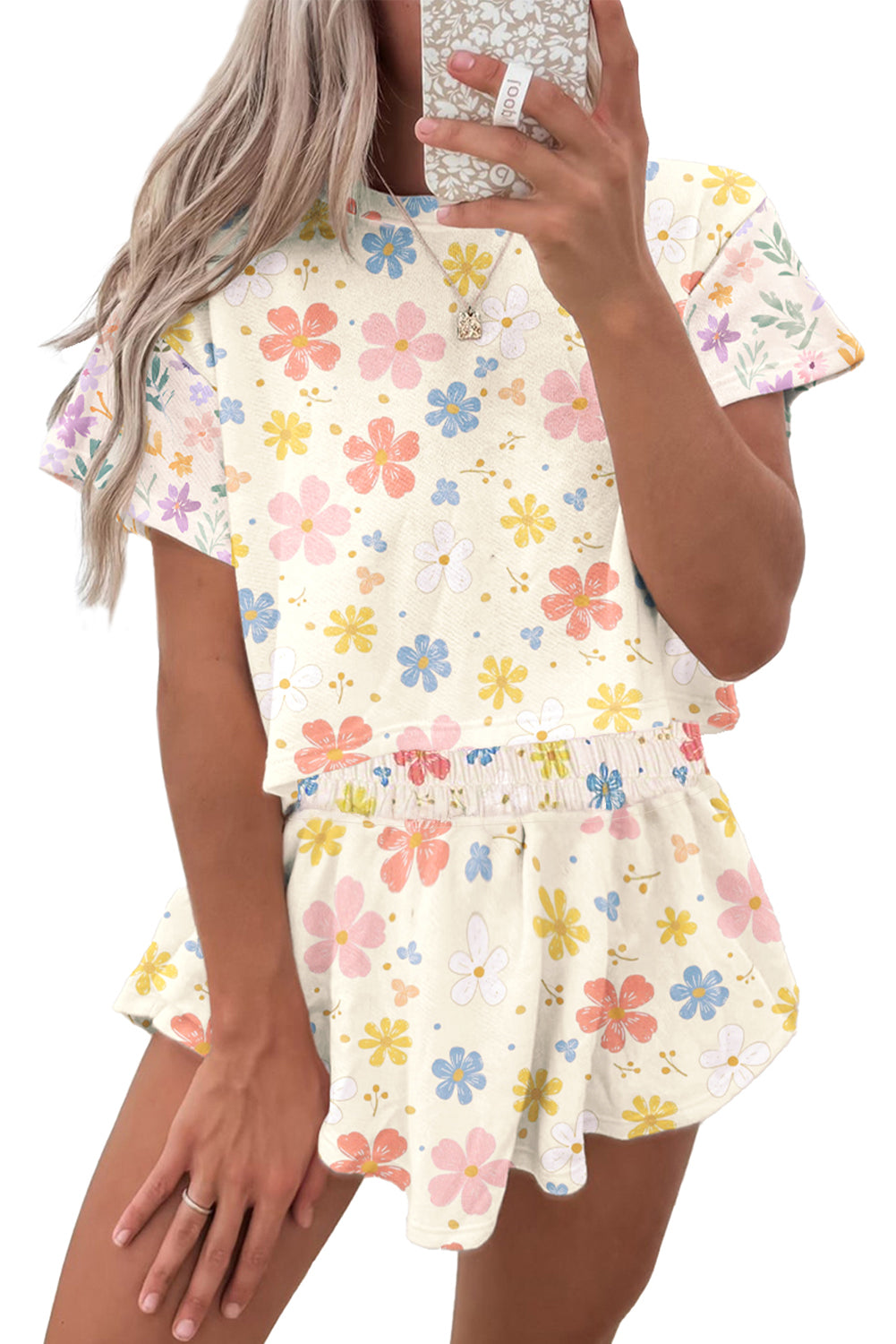 Floral Print Crop Top Wide Leg Short Set