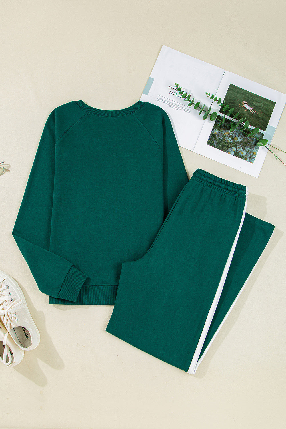 Solid Color Pullover Top Varsity Stripe Detail Loose Drawstring Pants Set