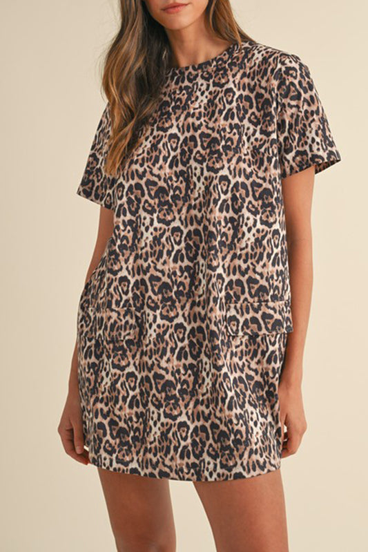 Leopard Print Crew Neck Shift Short T Shirt Dress