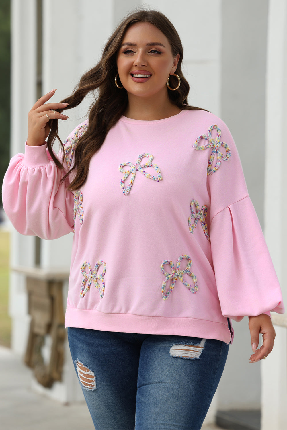 Embroidered Bow Lantern Sleeve Oversized Pullover Sweatshirt