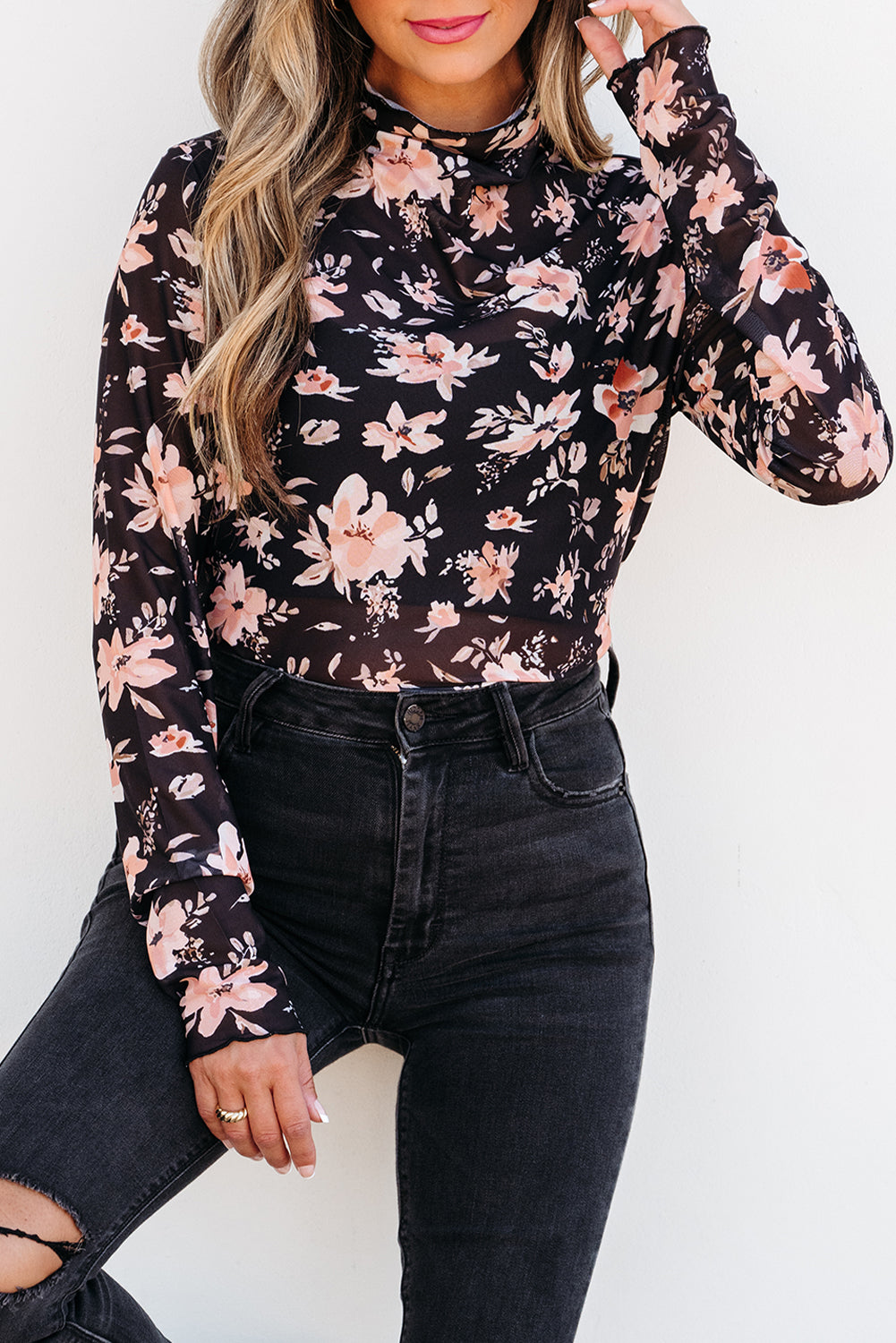 Floral Mesh Mock Neck Long Sleeve Slim Fit Top