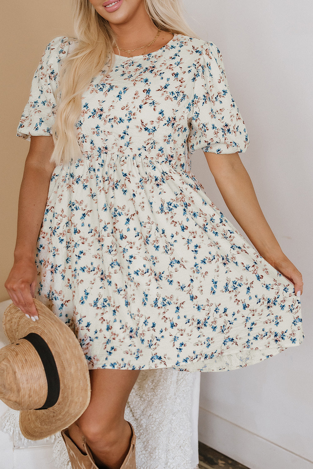Floral Puff Short Sleeve Empire Waist Mini Dress