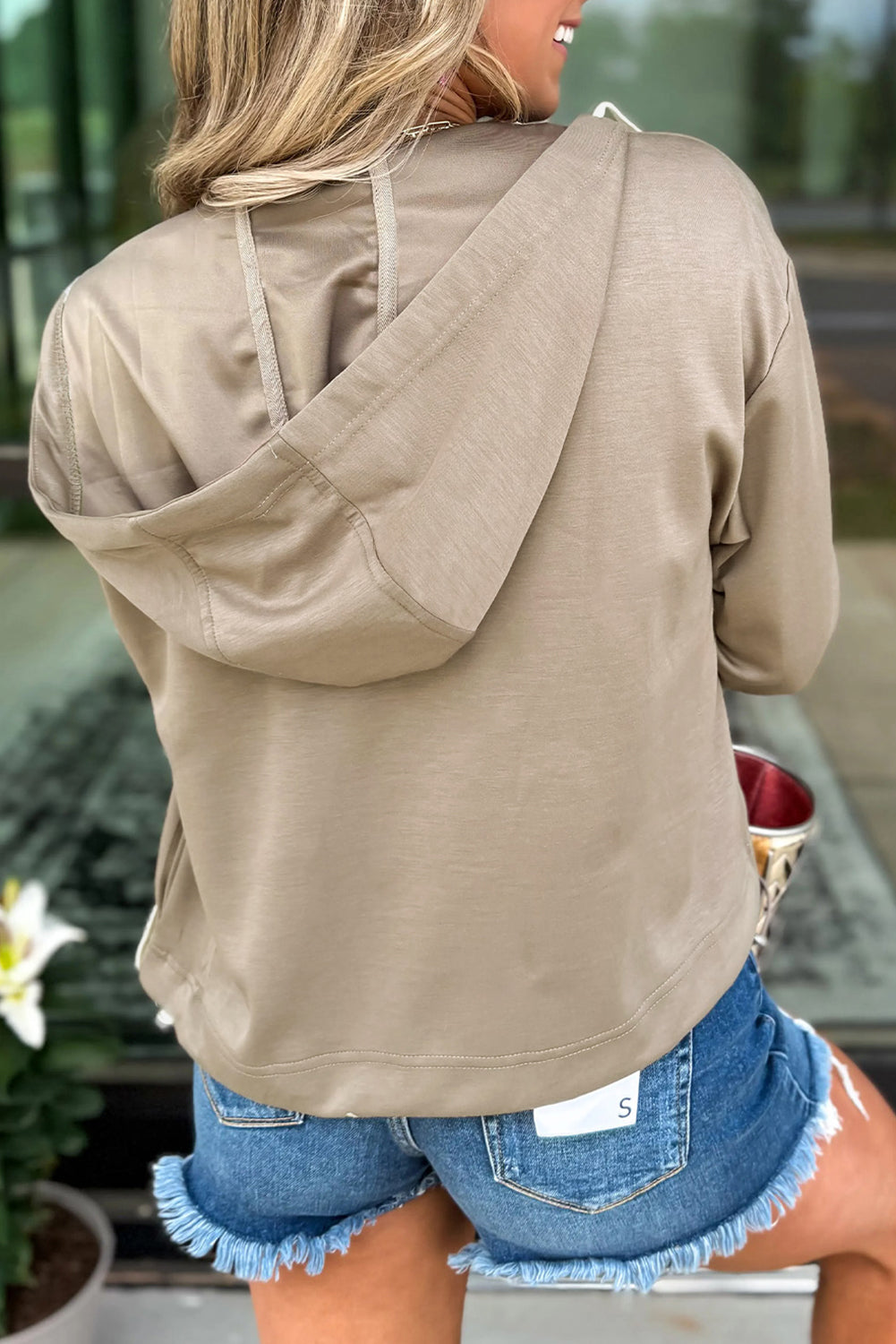 Contrast Bow Embroidered Zip Up Jacket Hoodie