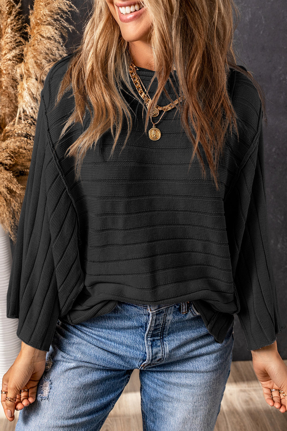 Exposed Seam Ribbed Knit Dolman Top