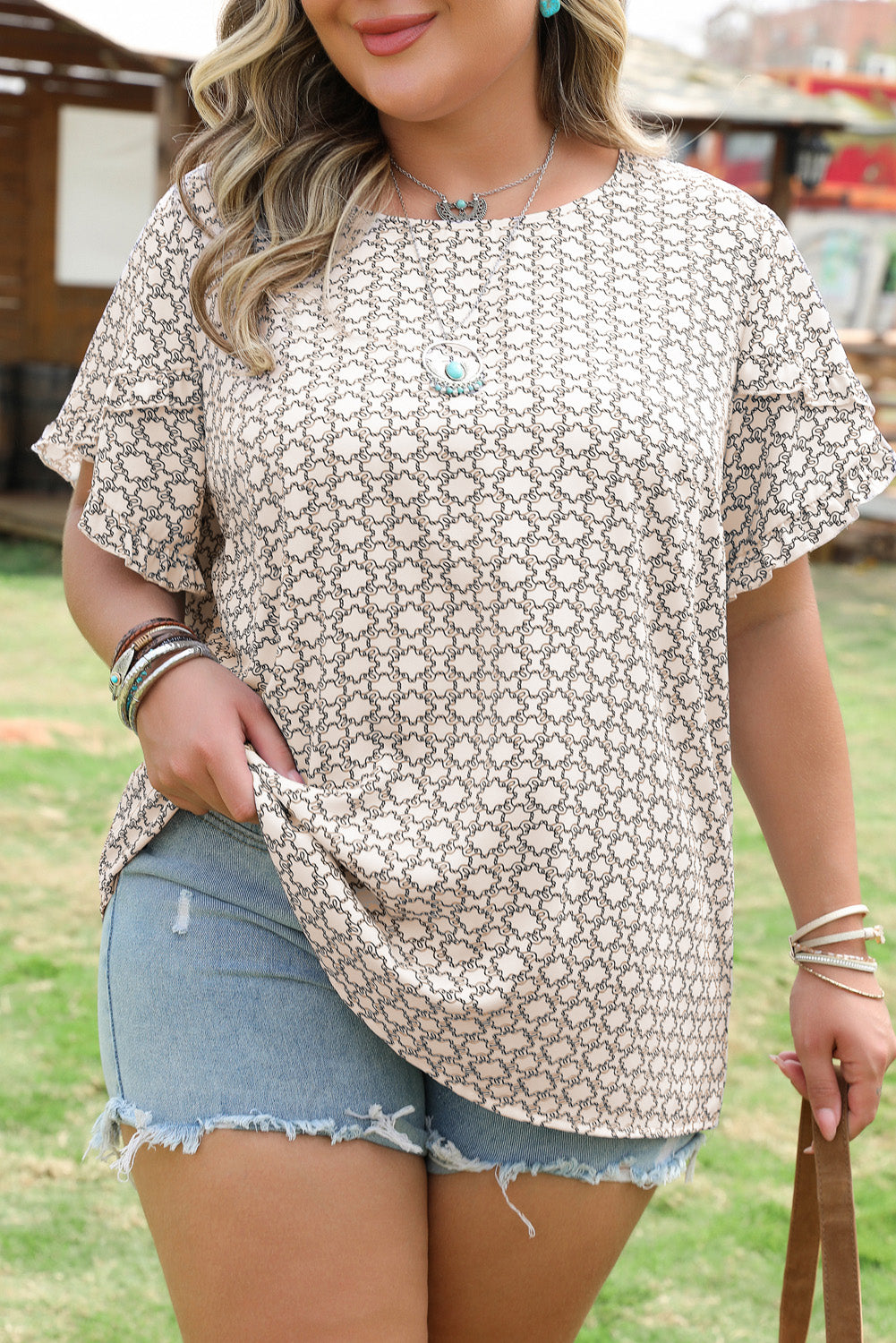 Plus Size Geometric Print Ruffled Sleeve Blouse