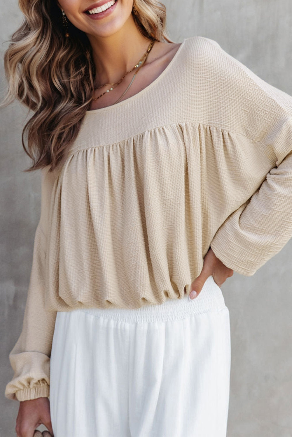 Textured Pleated Drop Shoulder Long Sleeve Knit Top