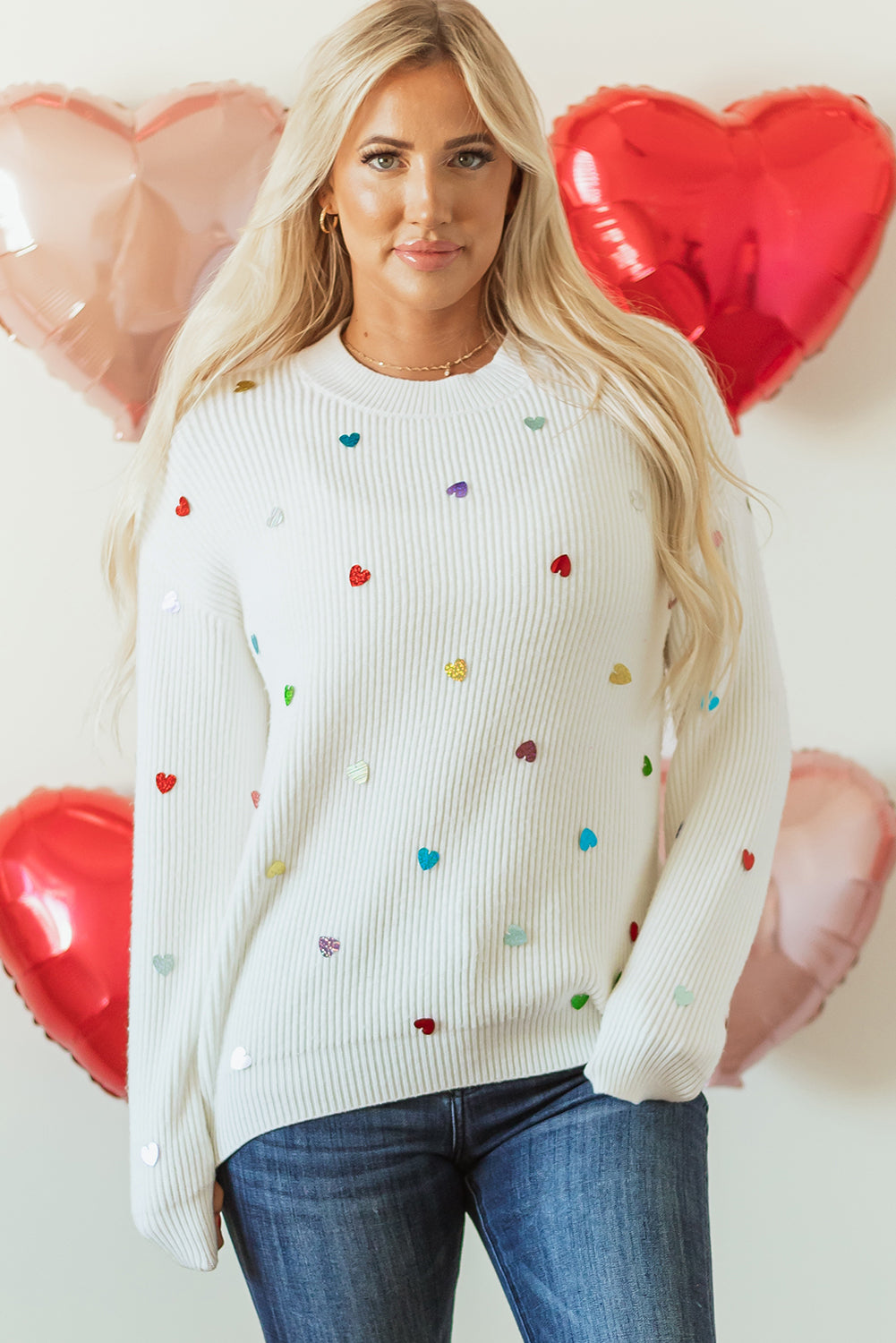 Sequin Heart Shape Waffle Knit Round Neck Sweater