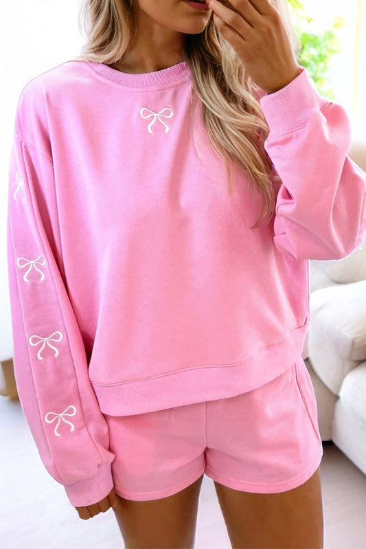 Girly Bow Embroidered Detail Puff Sleeve Pullover 2pcs Short Set