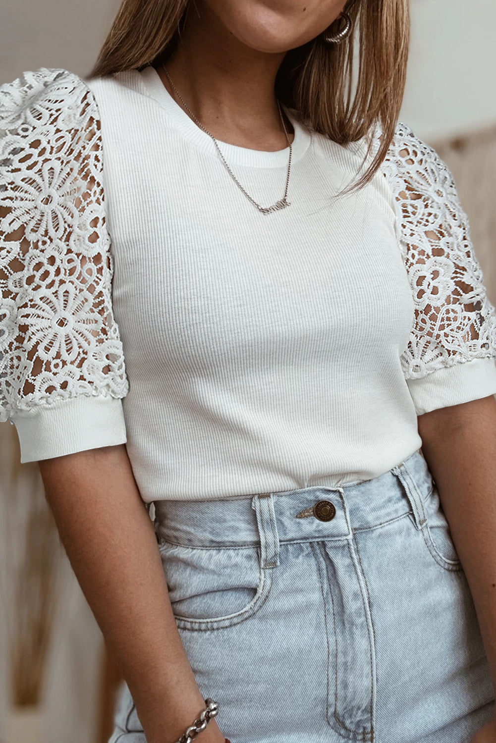 Lace Floral Patchwork Ribbed Knit Half Sleeve T Shirt