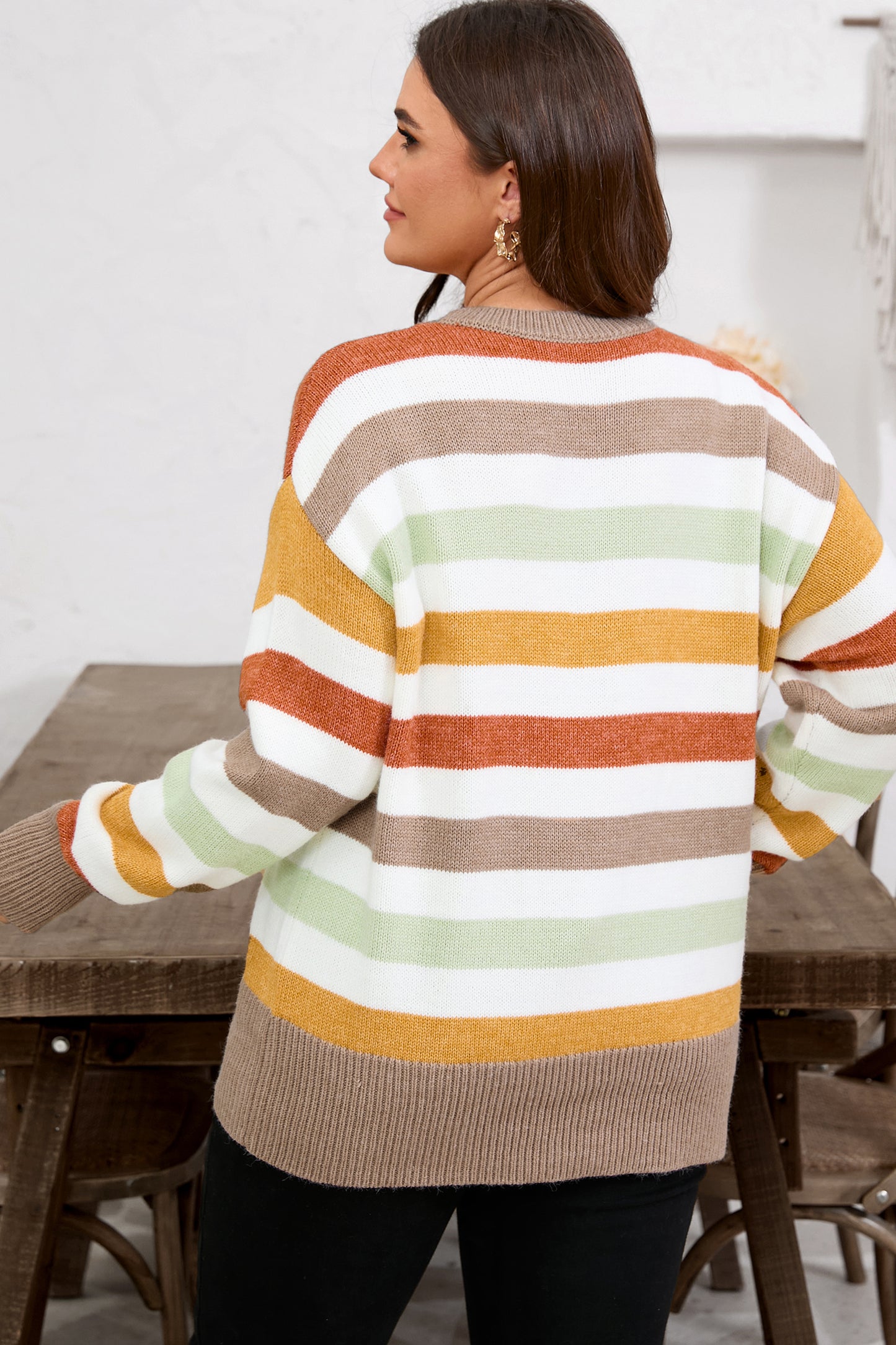 Striped Colorblock Drop Shoulder Plus Size Sweater
