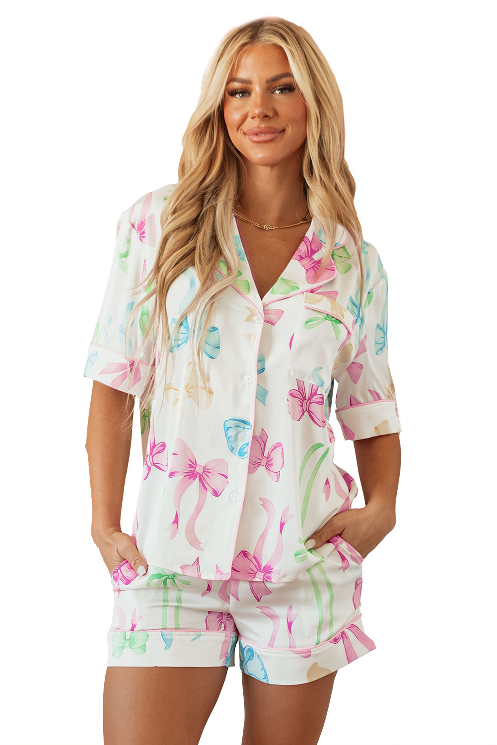 Bowknot Print Buttoned Shirt High Waist Shorts Pajama Set