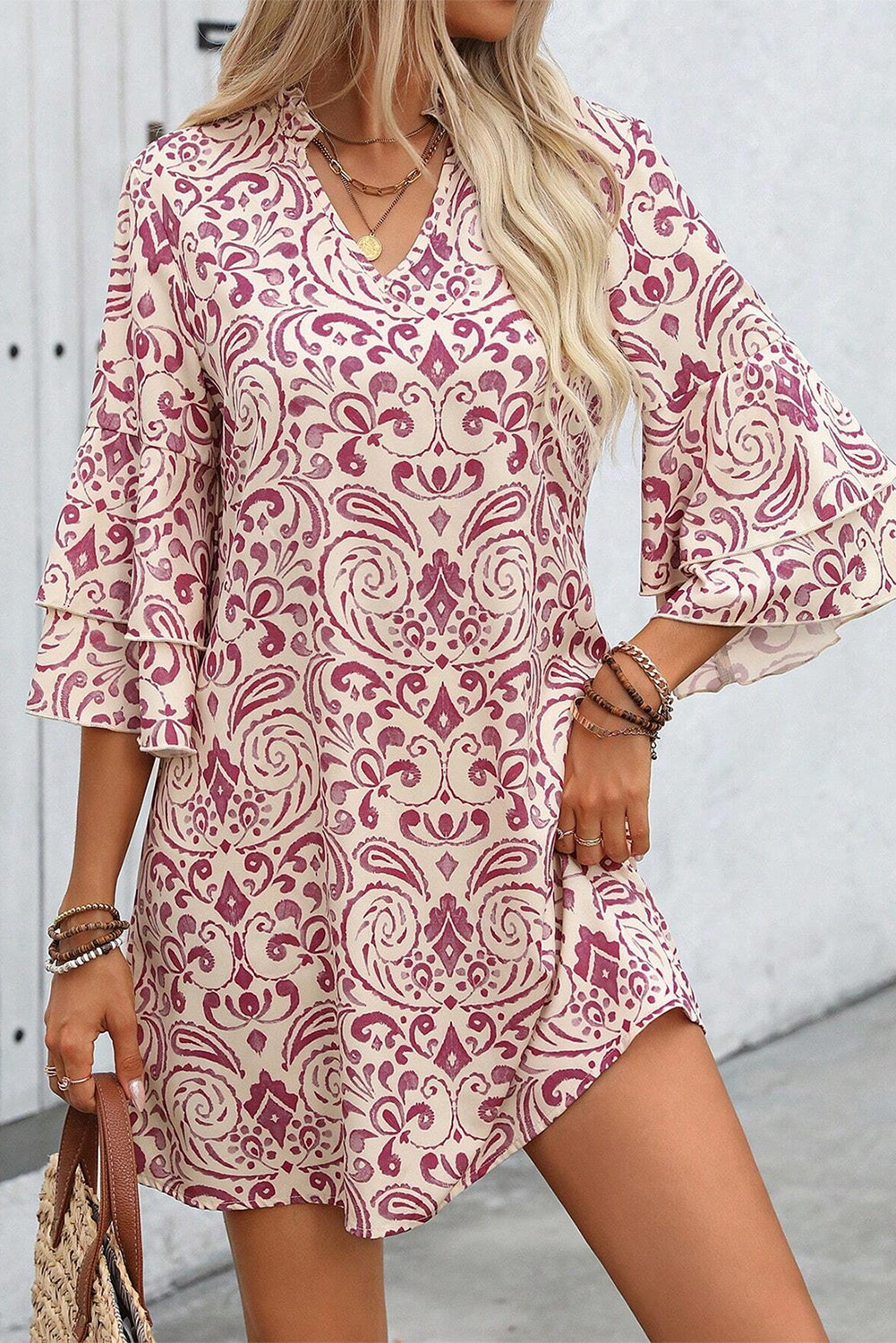 Paisley Print Tiered 3/4 Sleeve Notched Neck Mini Dress