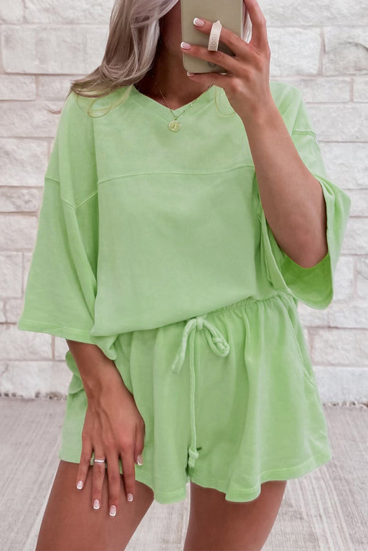 Solid Loose V Neck Half Sleeve Tee and Shorts