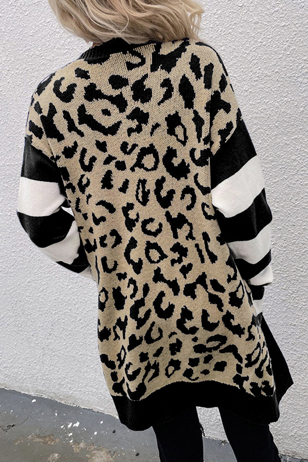 Stripe Sleeve Leopard Print Open Front Cardigan With Pockets