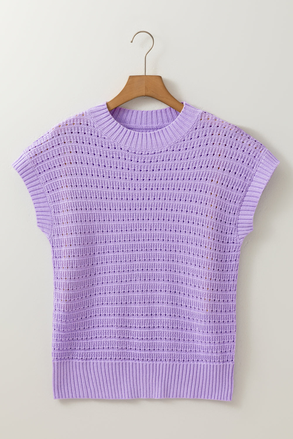 Pointelle knit Ribbed Trim Short Sleeve Sweater