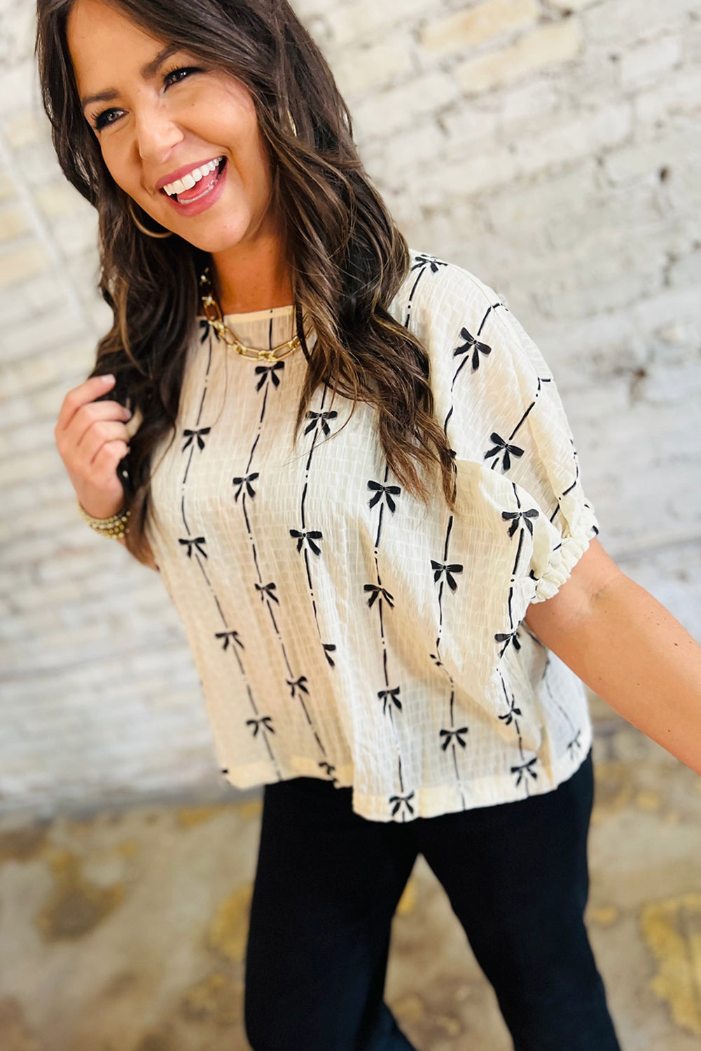 Bow Print Puff Short Sleeve Top