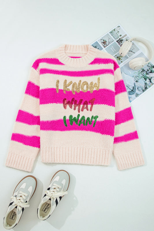 I KNOW WAHT I WAT Sequin Letter Graphic Colorblock Loose Sweater