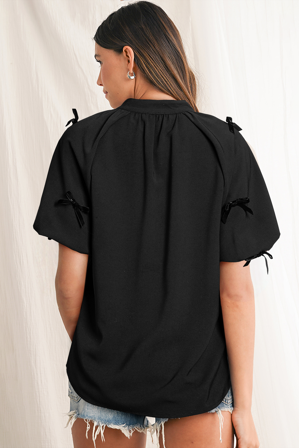 Bow Decor Puff Sleeve Split Neck Blouse