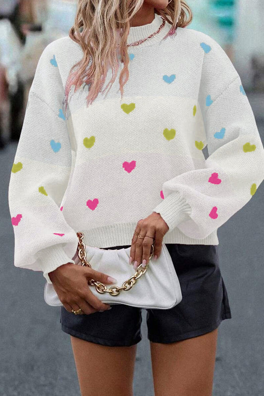 Heart Pattern Colorblock Knit High Neck Baggy Sweater