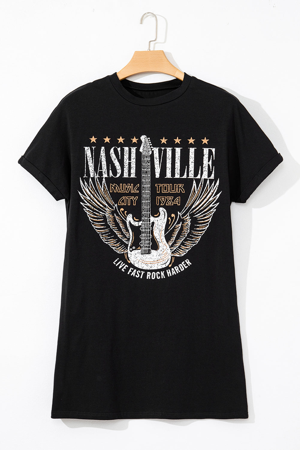 Nashville Guitar Print Crew Neck T Shirt Mini Dress