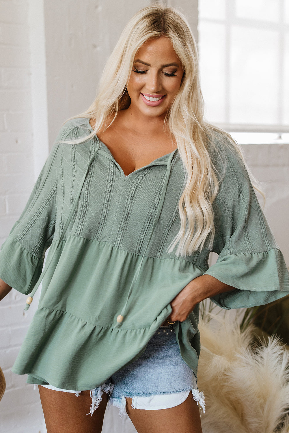 Tie Split Neck Textured Ruffle Patchwork Blouse