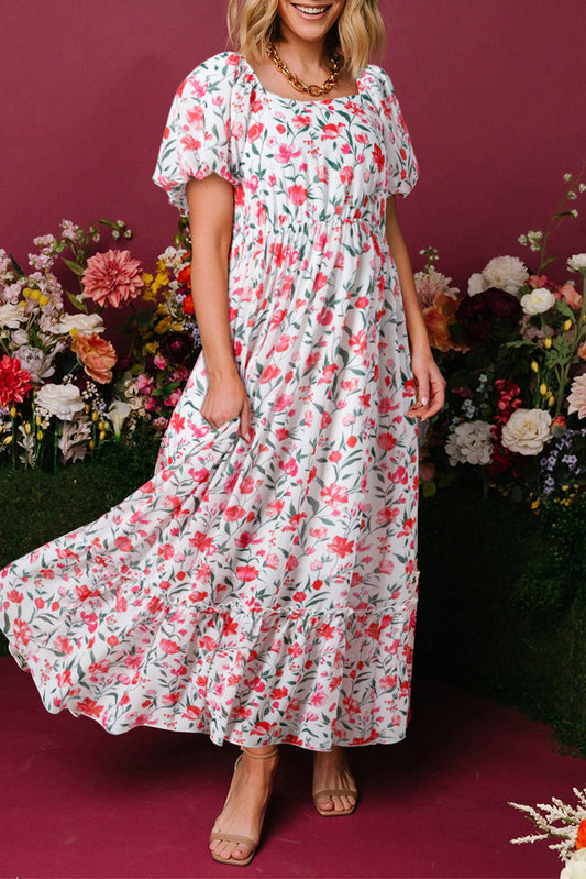 Floral Puff Sleeve Square Neck Empire Waist Tiered Maxi Dress
