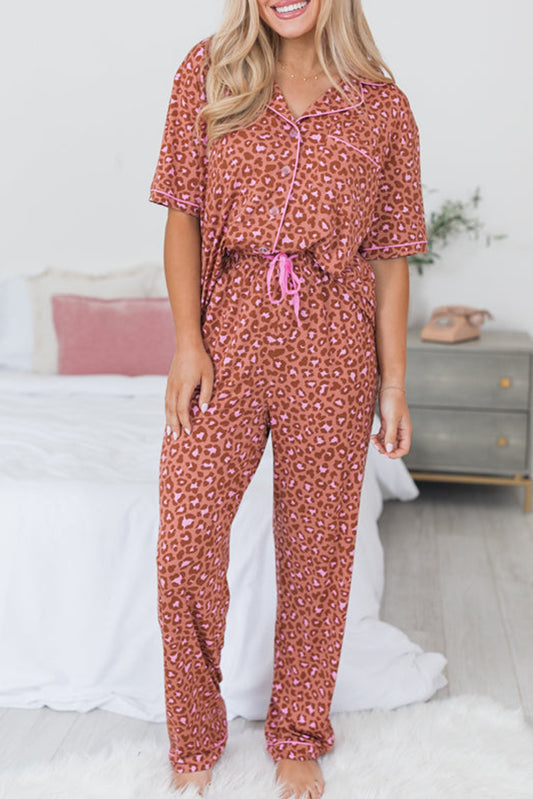 Leopard Print Short Sleeve Shirt and Pants Pajamas Set