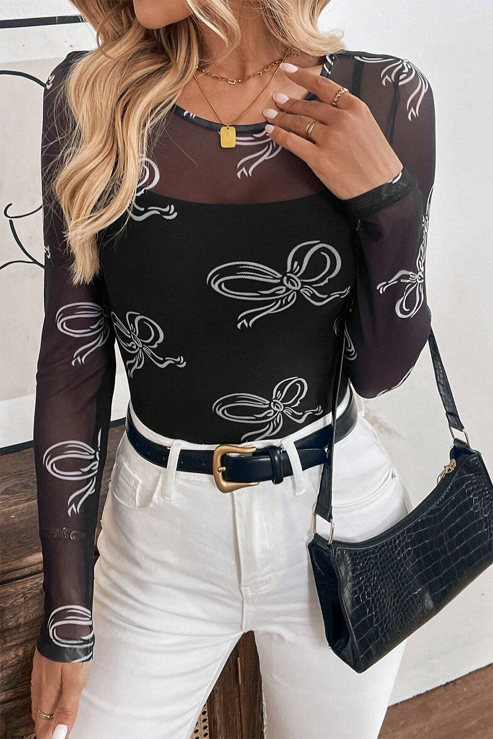 Round Neck Bow Print Long Sleeve Mesh Top