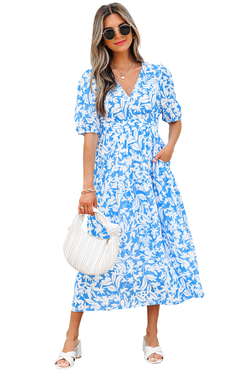 Floral V Neck Puff Short Sleeve Flowy Long Dress