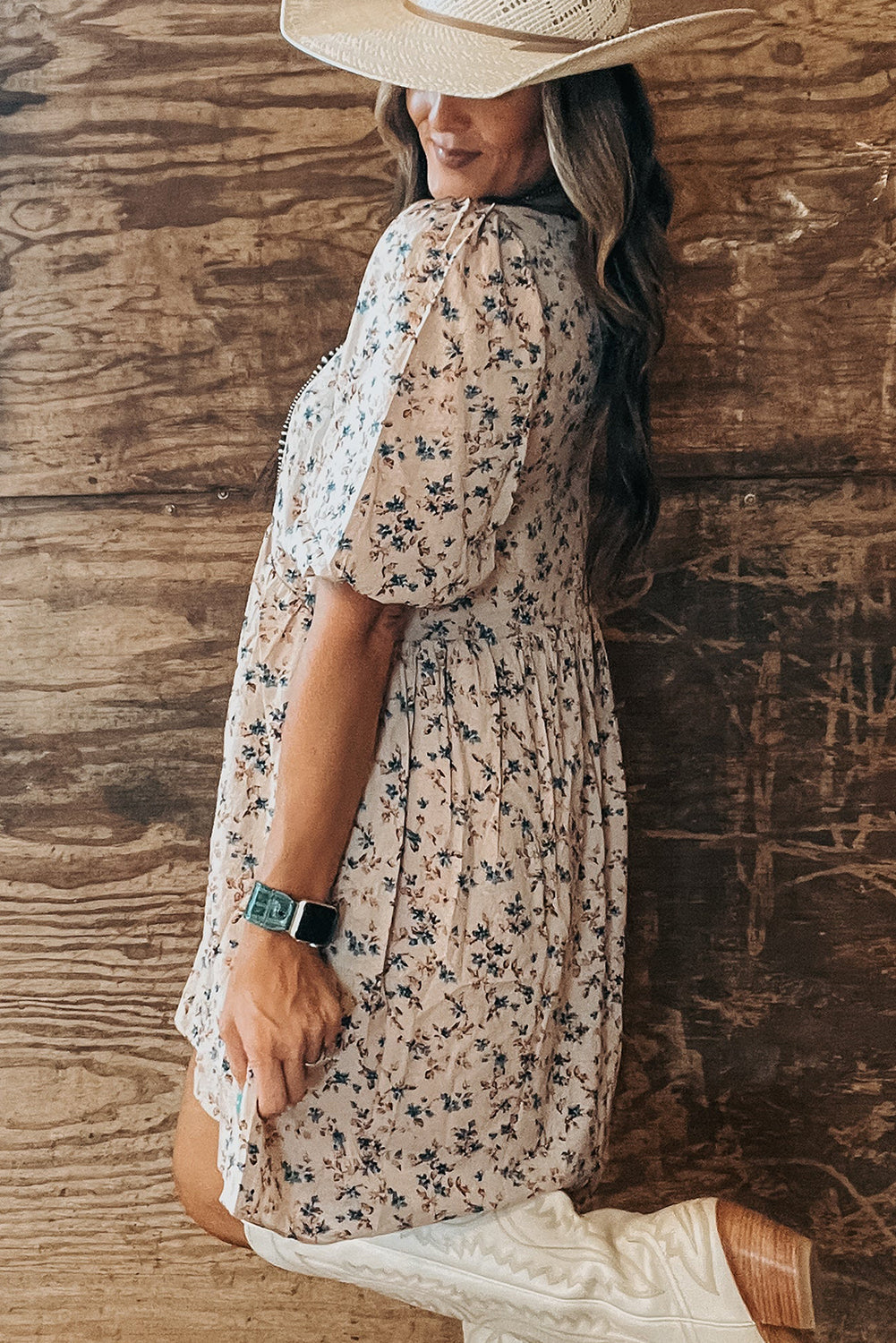 Floral Puff Short Sleeve Empire Waist Mini Dress