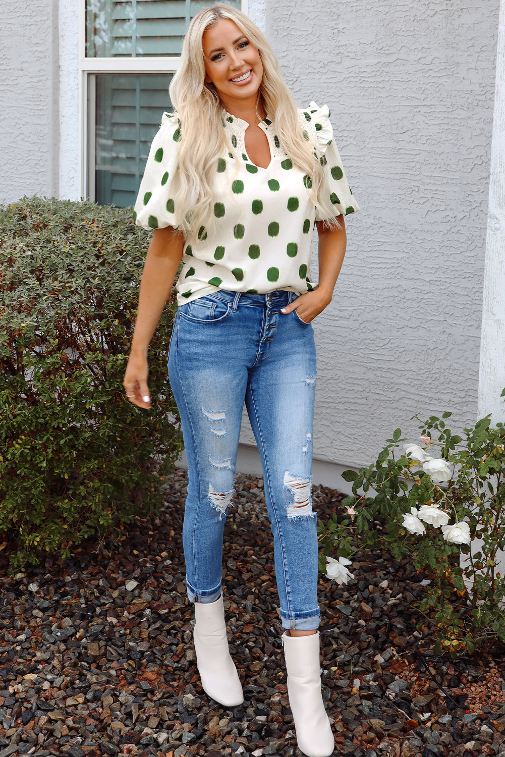 Polka Dot Print Shirred Yoke Notched Neck Balloon Sleeve Blouse