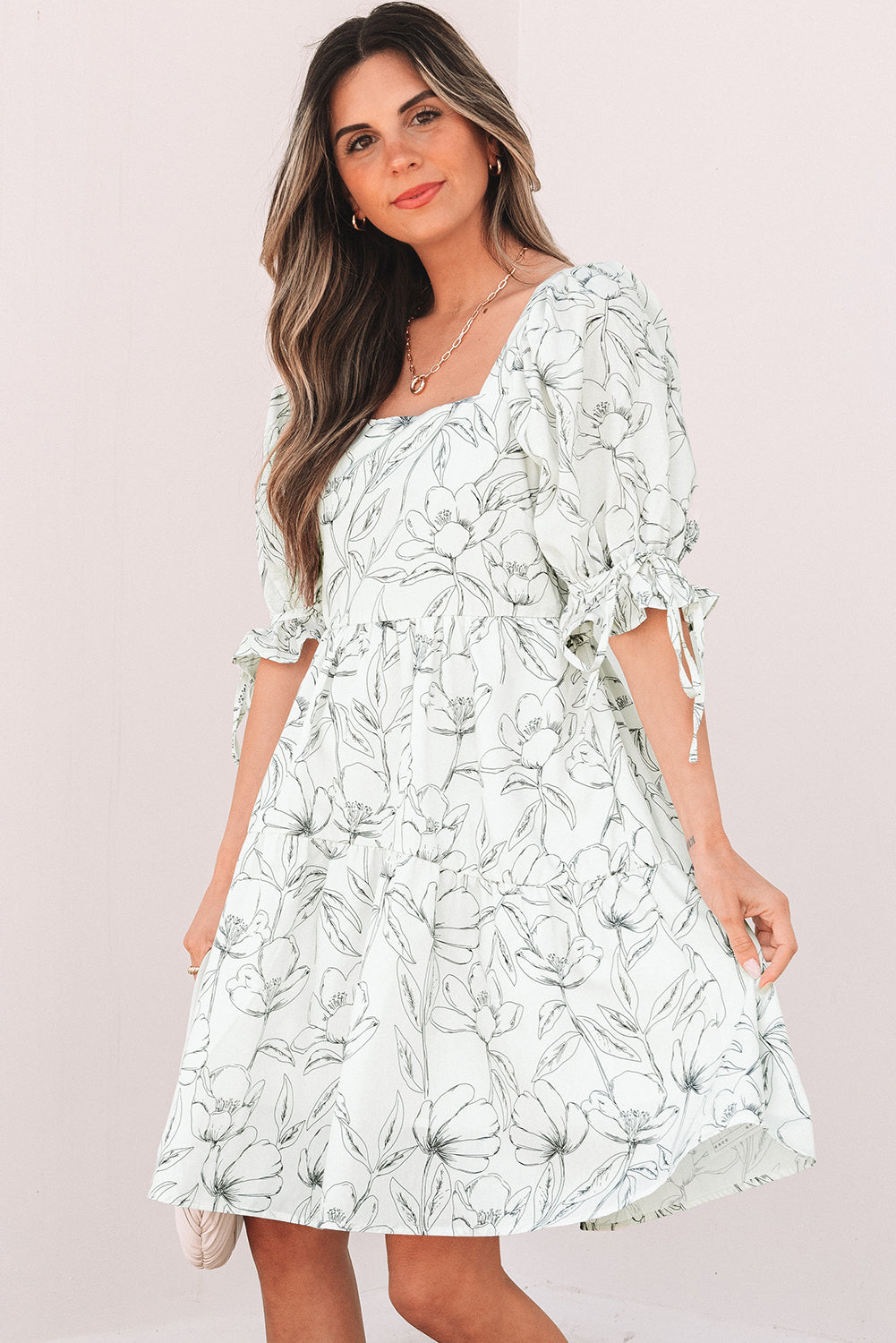 Floral Print Square Neck Shirred Back Puff Sleeve Mini Dress