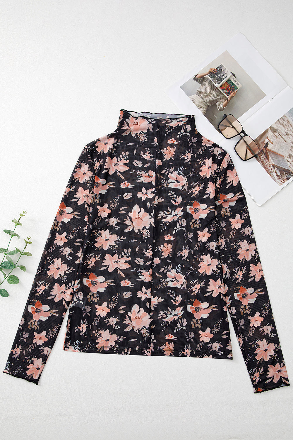 Floral Mesh Mock Neck Long Sleeve Slim Fit Top