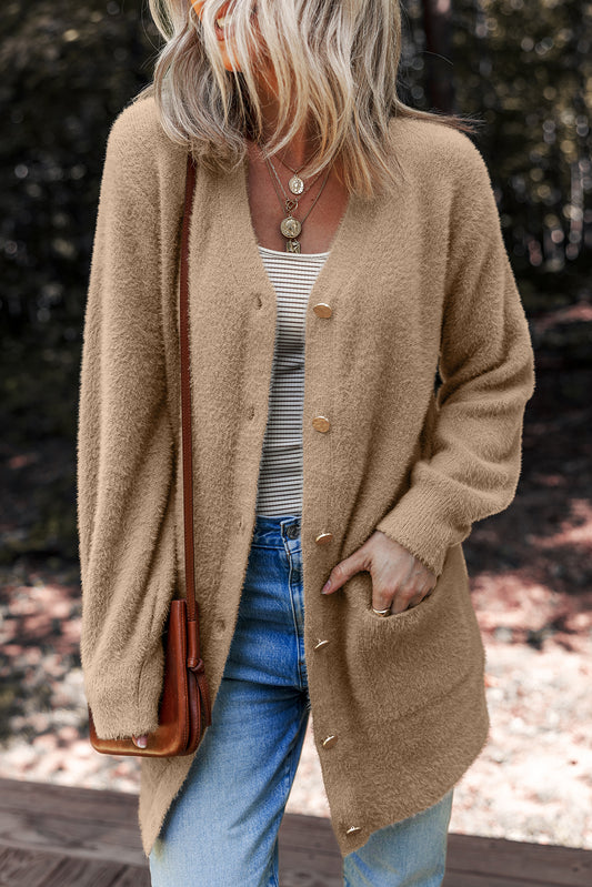 Fuzzy Buttoned Front Midi Solid Cardigan