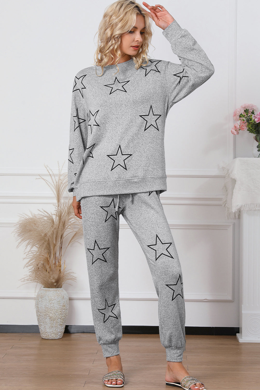 Stars Print Long Sleeve Drawstring High Waist Lounge Set