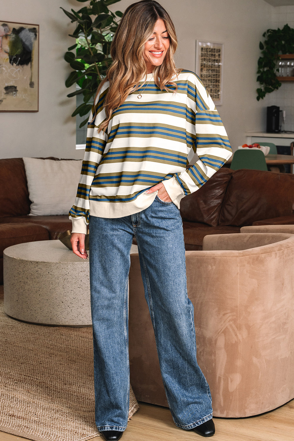 Stripe Crew Neck Drop Shoulder Pullover Sweatshirt