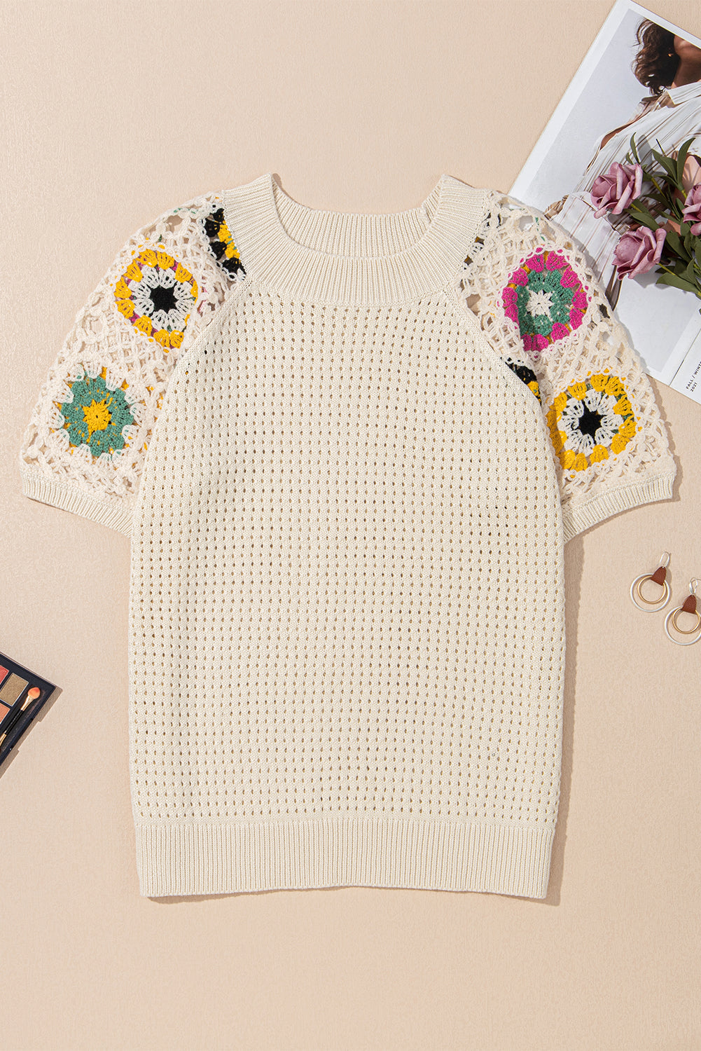 Hollow Out Floral Crochet Short Sleeve Crewneck Sweater