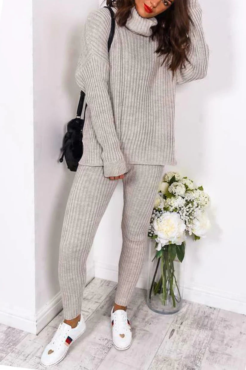 Chunky Knitted Ribbed Polo High Neck Top Leggings Loungewear Set