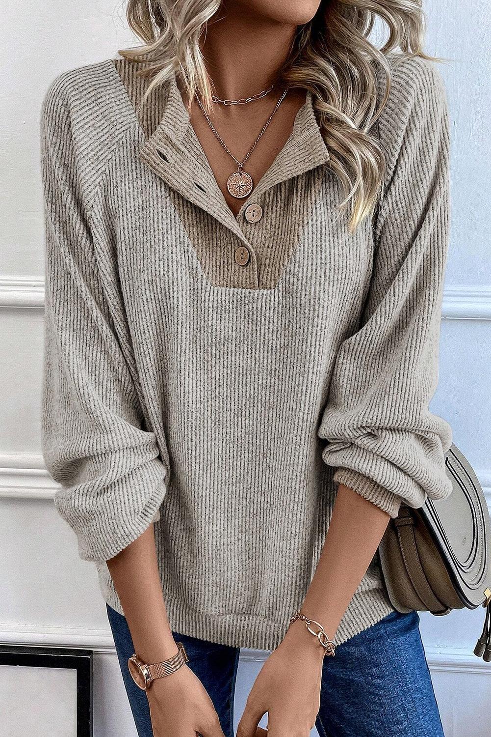 Color Contrast Ribbed Loose Fit Long Sleeve Top